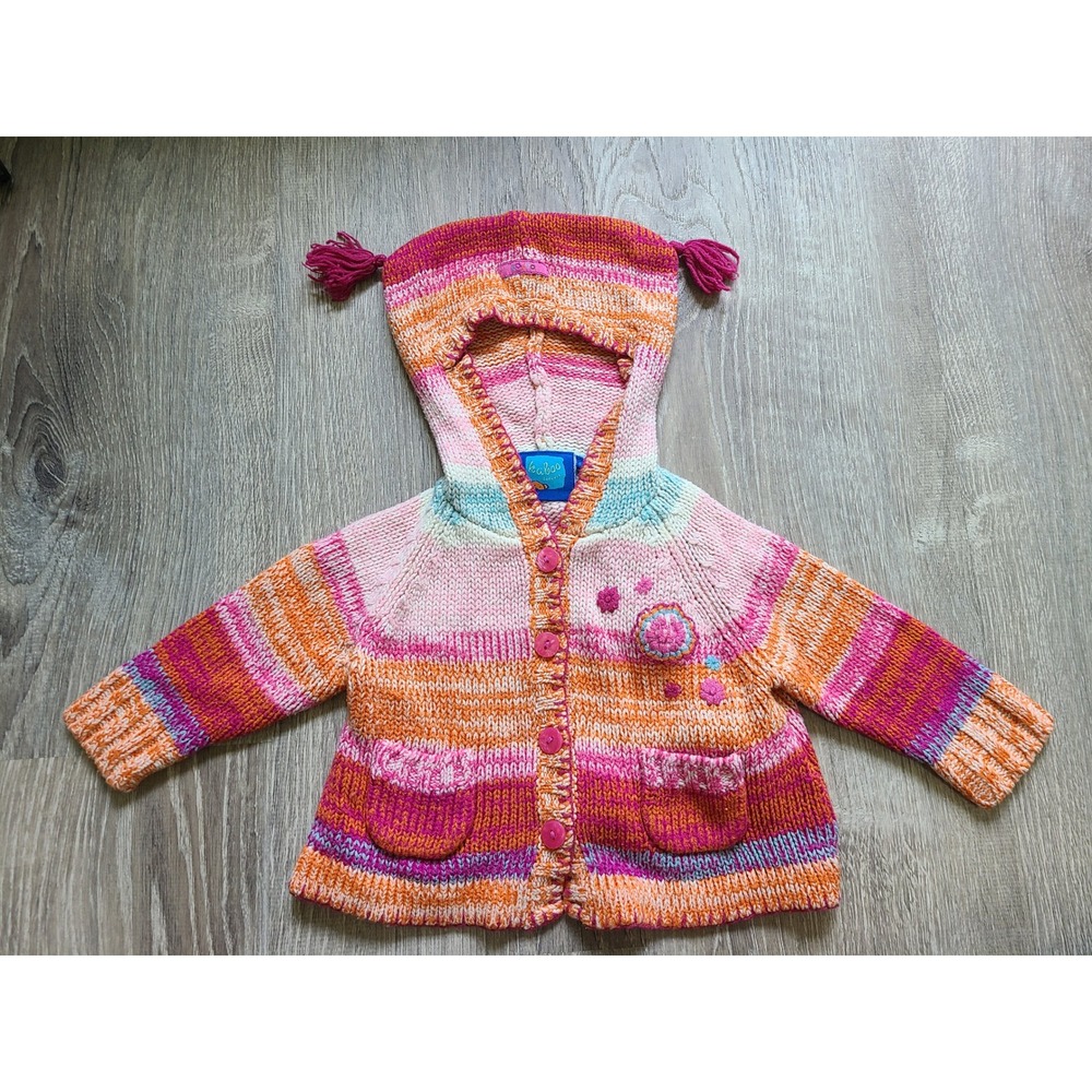 Y2K Kaboo 6 Months Knit Cardigan Hooded Pom Pom Flowers Hippie Granola Artsy